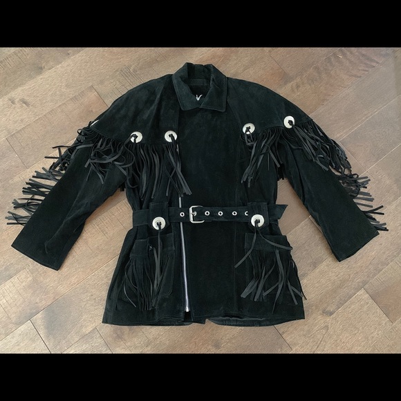S/M/L 90's western black suede coat /fringe + cape - Picture 11 of 16